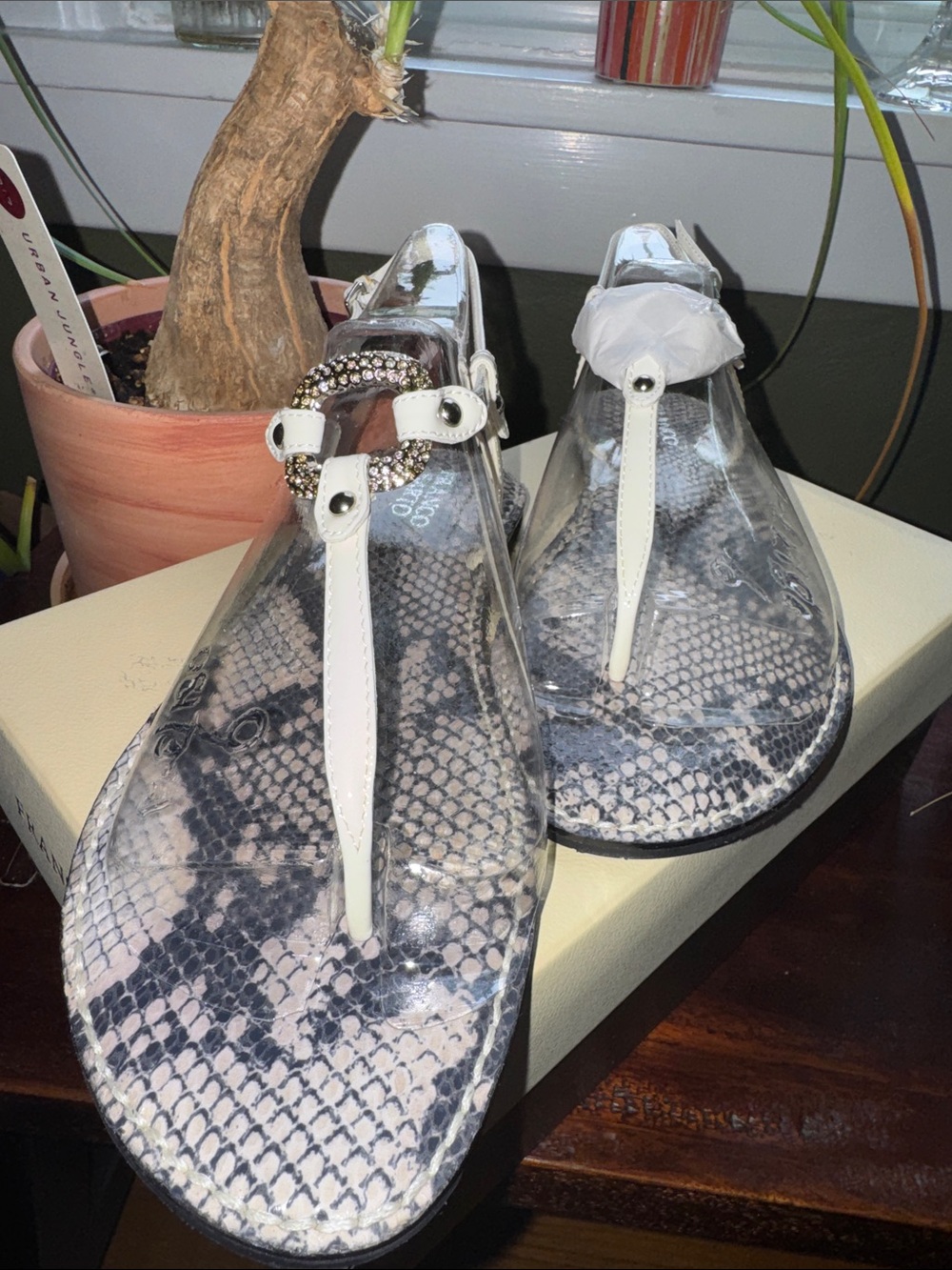 NWT Franco Sarto White T-Strap Sandals with Snakeskin Footbed and Jeweled Ring